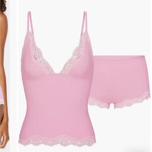 SKIMS BUBBLEGUM cami & boyshort Lace Trim Chemise Set